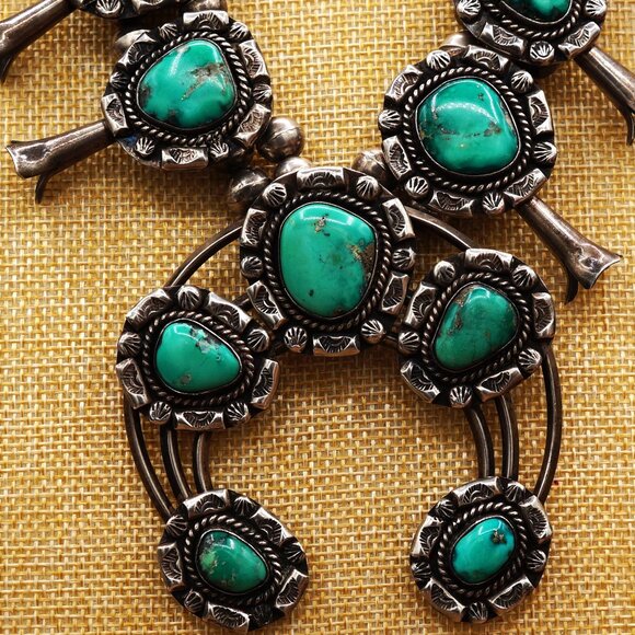 Unique Vintage Native Navajo Turquoise Squash Blossom Ornate Silver Necklace 27" - Picture 7 of 13